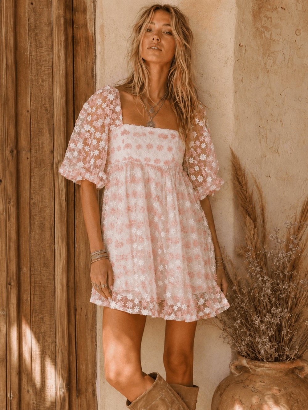 Storia Floral Appliqué Baby Doll Dress | Floral Square-Neck Mini Dress